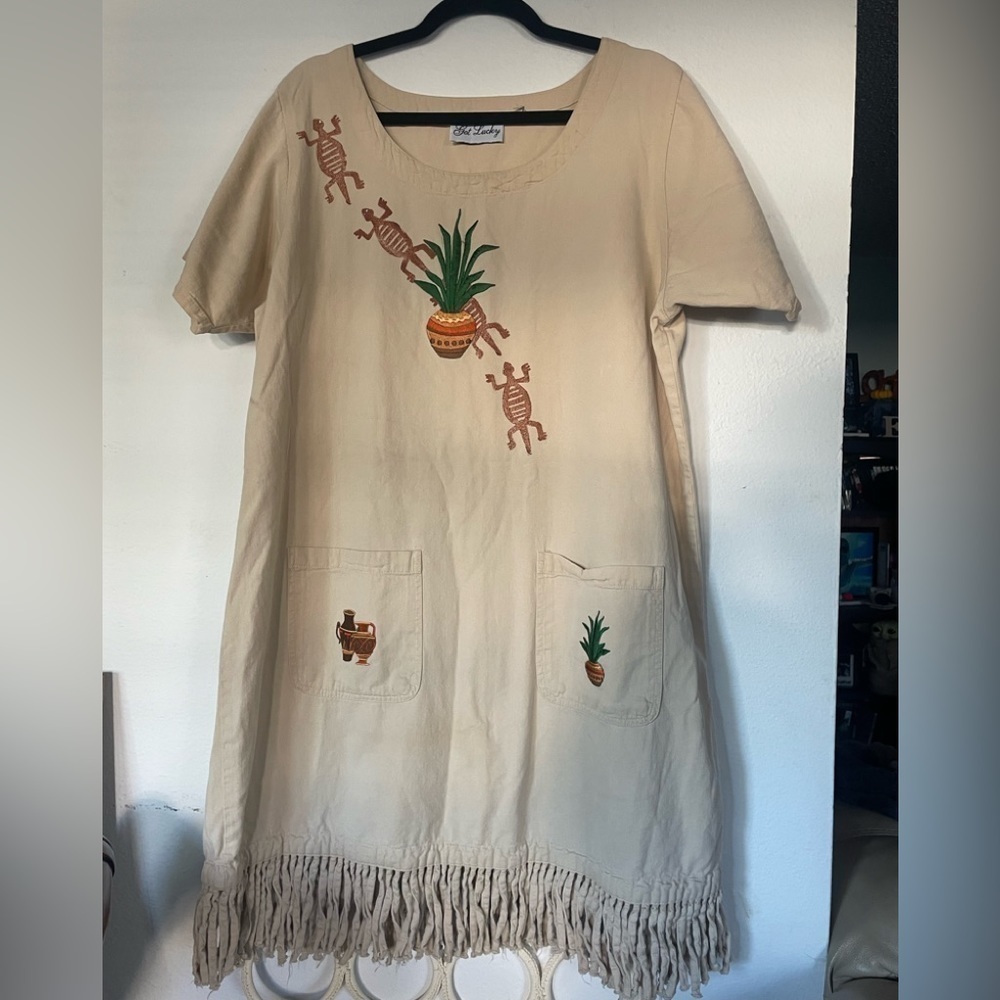 Get Lucky Embroidered Desert Fringe Shift Dress